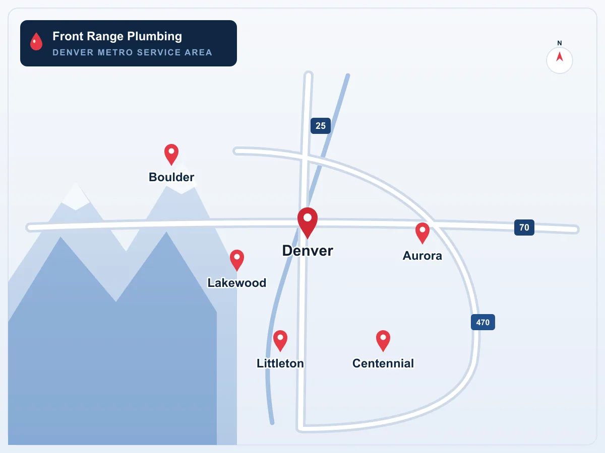 Map of the Denver-metro service area covered by Front Range Plumbing