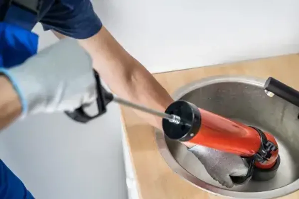 Plumber clearing a clogged drain line